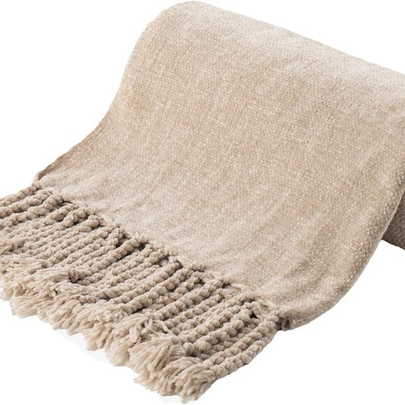 Beige Chenille Throw Blanket for Couch Decorative Fringe Velvety Khaki Tan Thro